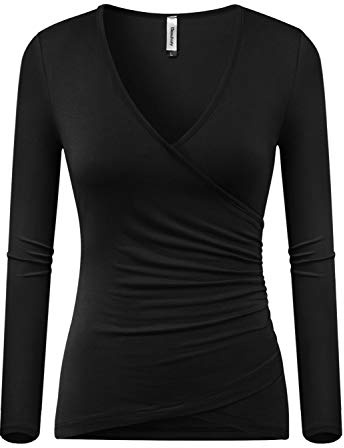 Beauhuty Womens T-Shirts Long Sleeve Deep V Neck Slim Fitted Front Surplice Wrap Tees Ruched Top (XL, Long-Black)