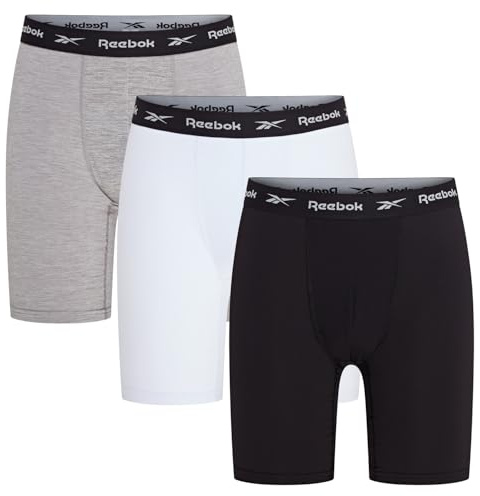 Reebok Men’s Sports Trunks, Breathable Medium Length Pants with Branded Stretch Waistband – Pack of 3 in Black,White,Grey Marl