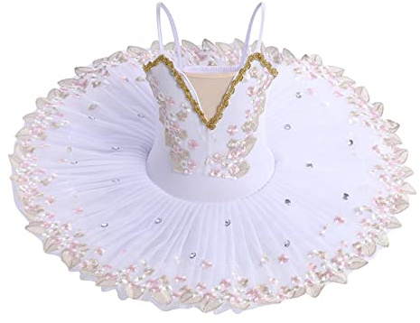 OBEEII Robe de Ballet Paillettes Broderies Ballet Tutu Justaucorps Danse Classique Gymnastique L�otard Costume Blanc D 4-5 Ans