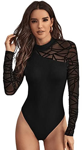 GORGLITTER Body Damen Langarm Strick Sexy Mesh Bodysuit Langarmbody Damen Elegant Damenbody Mit Stehkragen Schwarz S