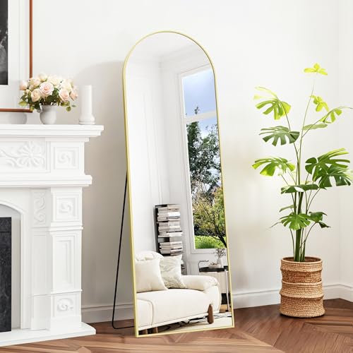BONEWEI Bogen Ganzkörperspiegel, 161x52cm Gewölbter Standspiegel, Gold an der Wand montiert, lehnend, Bodenspiegel Ganzkörper, Großer Wandspiegel mit MetalleRahmen für Wohnzimmer, Schlafzimmer