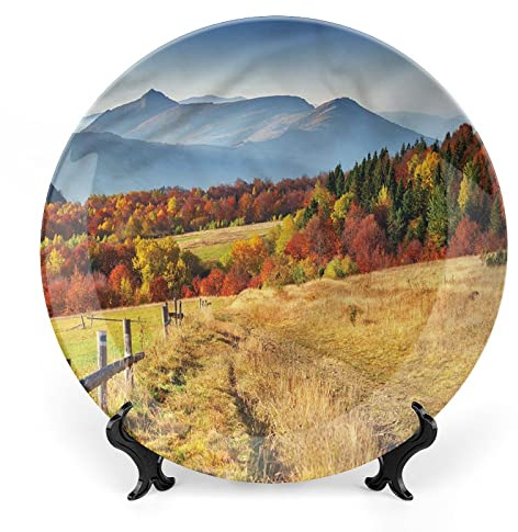 XISUNYA 8 Inch Decorative Plate, Country Ceramic Plate, Countryside Fences Autumn Print Ceramic Wall Hanging Decor Accessory for Dining Table Tabletop Home Decor