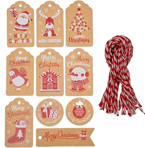 ZHIYE Christmas Tags, 50 Pieces 10 Styles Kraft Paper Tag Hang Labels with 50pcs Cotton String for Decorating Christmas Trees or Packaging