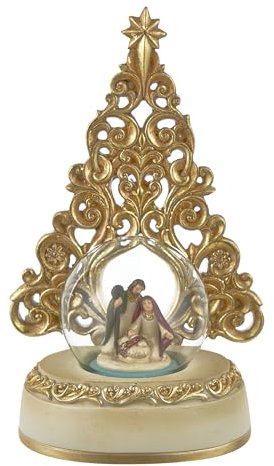 Baroni Home Palla di Neve in Vetro, Resina e Acciaio, Globo di Neve di Natale Raffigurante Natività, Elegante Decorazione Natalizia, Diametro ⌀ 6,5 cm, Nativita' con Albero
