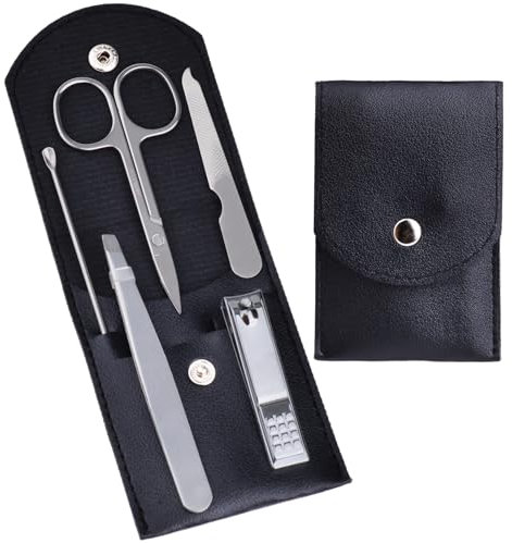 HANTEKAS Set manicure da viaggio professionale per unghie, kit da 5 pezzi in acciaio inox, kit per manicure per donne e uomini, con strumenti per la cura delle unghie, forbici e pinzette (argento nero