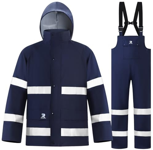 Rain Suits for Men Women Waterproof Hi-Vis Rain Coat Bib Pants for Safety Heavy Duty Rain Gear Fishing（Navy, XXL）