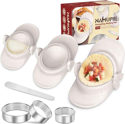 NAMUPIE 7 Piece Dumpling Maker Kit - All-in-One Empanada Maker Set with Press Molds & Ring Cutters, BPA-Free Kitchen Accessories for Home Cooking, Family/Friends Fun Gift (Beige)
