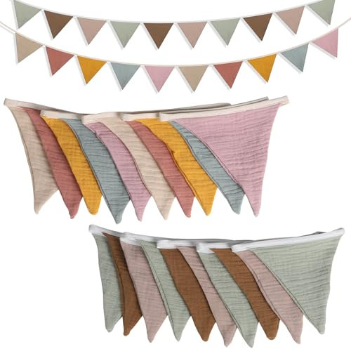 SWAWIS 2 Stück Wimpelkette Kinderzimmer, 2.6m Wimpelkette Outdoor Wimpelgirlande Stoff, Baumwolle Wimpel Girlande, Bunte Dreieckige Flagge für Kinderzimmer Babyzimmer Party Geburtstag Deko(Grün+Beige)