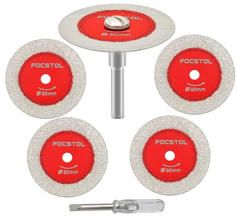 FOCSTOL Disco Diamantato per Taglio Vetro - 5 pezzi 50mm Lama Diamantata per Vetro e 1 pezzo 6mm Gambo Rotondo per Giada Marmo Granito Pietra Artificiale Porcellanato Piastrelle Ceramica