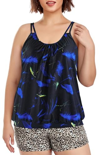Ocean Blues Women’s Plus Size Blouson Tankini Top with Adjustable Straps | Long Torso Design, Removable Pads, Wire Free Comfort, Modest Coverage for Beach Holidays & Swimming