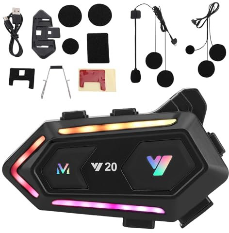 HISUEKIG Motorradhelm Bluetooth Headset, Y20 Motorrad Helm Headset mit IPX6 wasserdichte, 45mm Speaker, 16 RGB Lichteffekten, 1000mAh Battery, Automatische Reaktion und Doppelgeräuschdämpfung