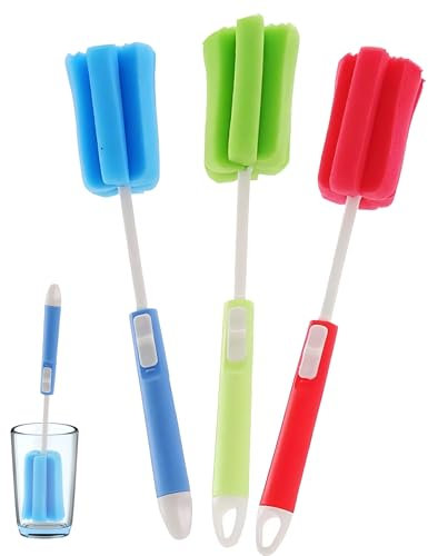 3-Piece Set Washing Up Sponge With Handle, Soft Dishwashing Foam Cleaning Brushes for Cups Mugs, Cup Cleaner, Kettles Wine Glasses Washing Up Brush, Baby Bottle Brush, (Red, Green, Blue)