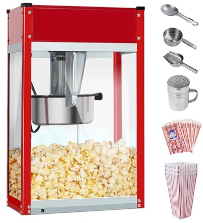 Popcorn Machine - Electric Popcorn Popper | Stainless Steel Kettle With Scoops, Bags, Cups & Shaker | Countertop Machine, Theater Style | Ready in 5 Minutes | 1500 W | Red, 8 oz (64 Cup Capacity)