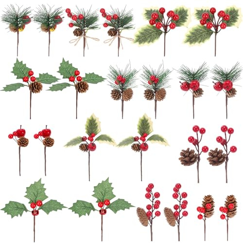 MWOOT 24 Pezzi Rami di Pino Artificiale Natalizio, Rami di Abete con Bacche Rosse Pigne Aghi di Pino, Rami di Natale Artificiali per Fai Da Te Ghirlanda Albero di Natale Feste Casa Decorazione