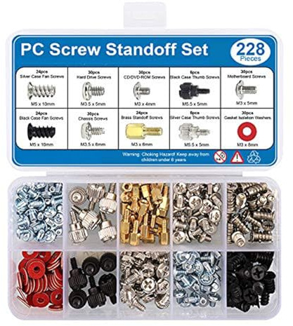 Opatiny Set di viti per PC, 228 pezzi, per case del computer, disco rigido, scheda madre, ventola di raffreddamento e DVD-ROM, ottone e acciaio