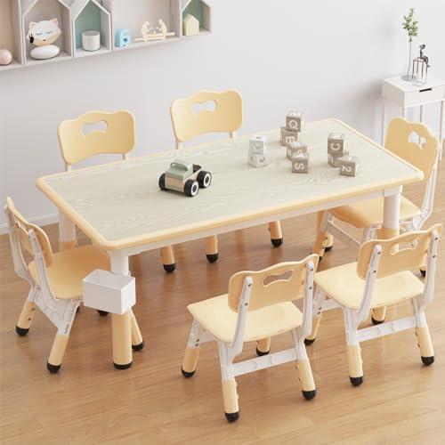 Mobeneno Kids Table with 6 Chairs, Height Adjustable Nonslip Children's Table Chair Set for Nursery and Children's Room, Wooden Desktop Children's Activity Furniture Seating Kit for Boys Girls