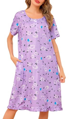 Vlazom Women's Long Nighties Cotton Soft Nightgown Pleated Casual Nightshirt U-Neck Buttons Nightdress Nightwear with Pockets Light Purple Flower,L