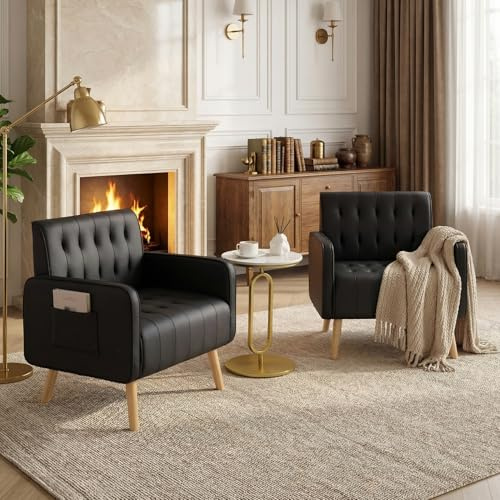 CHYMSUN Leather Accent Chair Set of 2, Mid-Century Modern Tufted Living Room Chair with Wooden Legs and Side Pocket, Cozy Office Reading Chair, Comfy Armchair for Living Room, Waiting Room (2)
