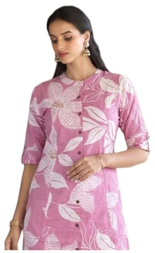 ANNI designer dam kurta set viskos-viskos-tryckt klänning med byxor etnisk klänning för kvinnor, kontorskläder, traditionell indisk klänning, rosa, L