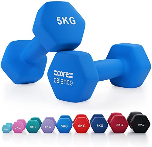 Core Balance 5kg Dumbbell Pair Hex Weight Neoprene Coated Cast Iron Strength Training (Blue)