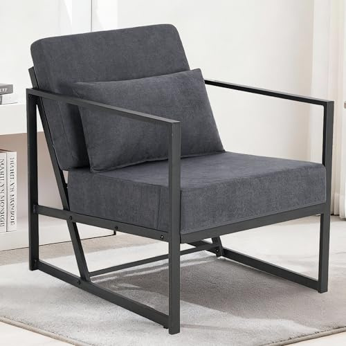 Mingone Fauteuil Salon Confortable en Tissu Lin Chaise de Loisirs Relax avec Accoudoirs en Bois Fauteuil Lounge 1 Place pour Salon Chambre Bureau (Gris Foncé, Style géométrique-Lot de 1)