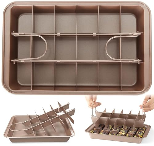 LOLYSIC Brownie Tin, Gold Brownie Tray with Divider, 31 x 20 x 3.7cm Baking Tray for Brownies, 12 x 9 Inch Traybake Tin for Cakes, Flapjacks, Portions and Home Baking