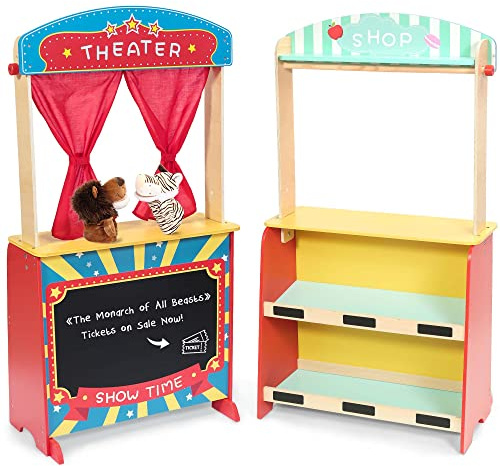 Rundad Wooden Puppet Theater Bonus 2 Hand Puppet, Double-Sided Lemonade Stand & Puppet Show Theater for Kids, Wood Deluxe Children Puppet Theatre Toy with Chalkboard