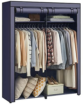 SONGMICS RYG002I02 Kleiderschrank aus Stoff mit Stangen zum Aufhängen, Kleiderständer, faltbar, für Schlafzimmer, Büro, 140 x 43 x 174 cm, Dunkelblau