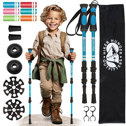 Kids Hiking Poles by USA Brand - Lightweight Collapsible Kids Walking Stick w/Quick Adjustable Flip Locks (Blue)