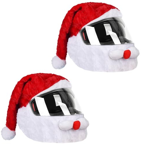 Lezevn 2 piezas de cubiertas de casco de motocicleta con diseño de sombrero de Navidad, gorro de Papá Noel esponjoso, decoración de casco de Navidad