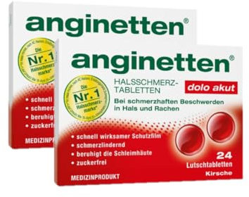 anginetten dolo akut Halsschmerztabletten | schmerzlindernde Lutschtabletten Kirsch-Geschmack | schnell wirksam bei Halsschmerzen & Rachenbeschwerden | beruhigt entzündete Schleimhäute | 2 x 24 St