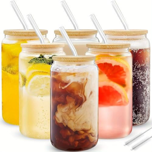 Mamiddle 500ml/16oz Cocktail Gläser mit Deckel und Glas Strohhalm 6 Stück Longdrinkgläser mit Bambusdeckeln für Cocktails, Whisky, Bier,Eiskaffee, Soda, Säfte (6pcs)