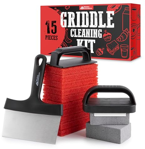15-Piece Griddle Cleaning Kit, 10 Scouring Pads, 2 Grill Stone Bricks, 1 Indoor Grill Scraper, 2 Handles, Griddle Cleaner Kit for Blackstone & Weber BBQ Flat Top, Griddle Cleaning Accessories