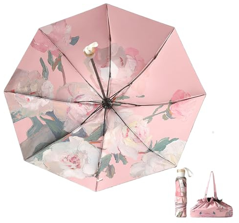 Anopo Kleiner Regenschirm für Regen und Sonne Taschenschirm Sturmfest für Damen mit 8 Rippen Blume Faltbarer Regenschirm UV Schutz mit Organizer Tasche Rosa Pfingstrose