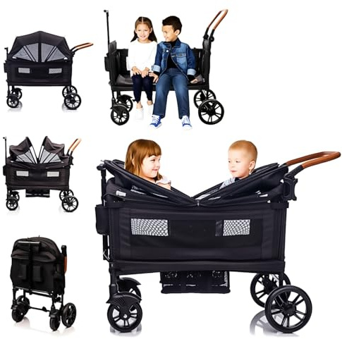 Luxury Wagon Stroller for 2 Kids & Cargo-Lightweight Foldable Travel Push Pull All-Terrain Double Wagon for Newborn&Toddler with 5-Point Harness,Adjustable Handle, Canopy,Tray Table,Cup Holder