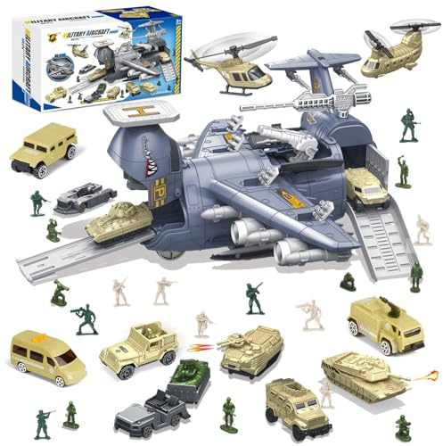 Ensemble de jouets véhicules militaires avec hélicoptère et soldats, avion cargo militaire, modèles d'avions avec figurines d'armée, mini véhicule de combat pour enfants garçons filles de 3 ans et