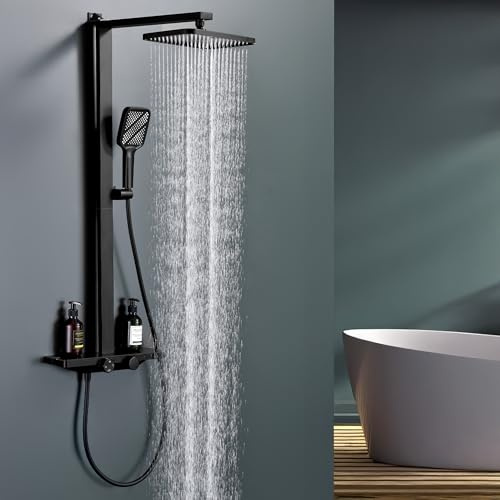 Homelody duschsystem med termostat och glashylla svart – duscharmatur komplett set med 30 x 20 cm regndusch duschhuvud och 3 stråltyper handdusch – duschset med nedre pip