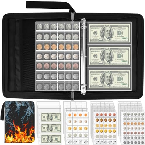 POKIENE 524 Pcs Coin Collection Album, Fireproof Coin Collection Book For Collectors, 512 Coins & 12 Bills Pockets For 1.18/1.38/1.77in & 7.68 * 3.35in, Coin Collecting Holder For Coin, Bill, Stamp