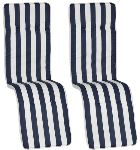 NYVI Relaxliegen Auflagen Hawaii 2er Set - 171x47 cm Blau Weiß Gestreift - Gartenmöbel Auflage mit 5 cm Polster und Gummi-Halteband