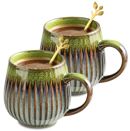 Tazza da caffè in ceramica, 500 ml, 2 pezzi, tazza da caffè grande, vintage, con cucchiaio in foglia d'oro, tazza da tè con manico, in porcellana, cappuccino, tazza da caffè in ceramica, per latte