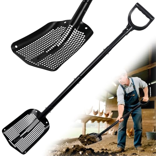 Heavy Duty Sifting Shovel with Adjustable Handle (26-48) – Metal Sand Sifter Scoop with D-Grip for Chicken Coop, Beach, Farm Goat Stall & Garden Poop Cleaning – Durable Mesh Design