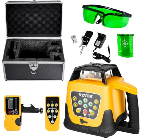VEVOR Kit Livella Laser Rotante Raggio Verde Portata 500 m, Autolivellante, Angolo di Scansione Flessibile, Rotazione 360 Gradi, Scatola da Trasporto, Impermeabile IP54, Ricevitore Telecomando
