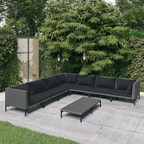 GeenYuu Salon Jardin 8 pcs en résine tressée Gris foncé avec Coussins Noirs, Ensemble modulable pour terrasse Balcon Patio, Banquette Angle Fauteuil Table Basse pour Repas détente réception