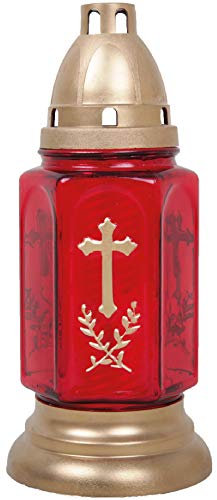 HS Candle Bella Lampe funéraire en verre avec croix et bougie Rouge 24 cm