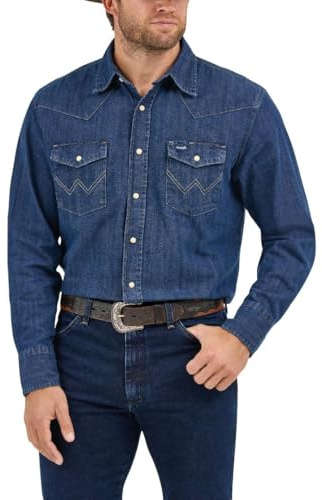 Wrangler Herren Westernhemd mit Cowboy-Schnitt, Langärmelig, mit Druckknöpfen, Verwaschenes Finish Hemd, Dunkles Jeansblau, XX-Large