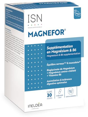 ISN - Magnefor® - Complément Alimentaire au Bisglycinate de Magnésium, Vitamines B6 et D, Taurine - Assimilation Optimale - Nervosité & Fatigue Passagère - Cure 30 jours