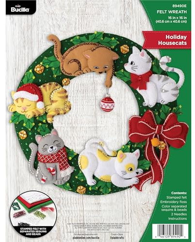 Bucilla Felt Applique Wreath Kit, Holiday Housecats, Perfect for DIY Arts and Crafts, 89490E