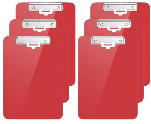 Hnogri Lot de 6 presse-papiers en plastique format A4 standard Plastique dur, Clipboard A4 dessin de mode, Planchettes à pince et porte-formulaires, Clipboard taille 31.5 x 22.5 cm, Rouge