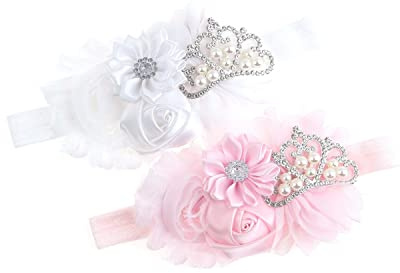Nishine Baby Christening Headband Toddler Girls Fabric Flower Headband Tiara Stretchy Elastic in Pairs (Child, White/Pink)