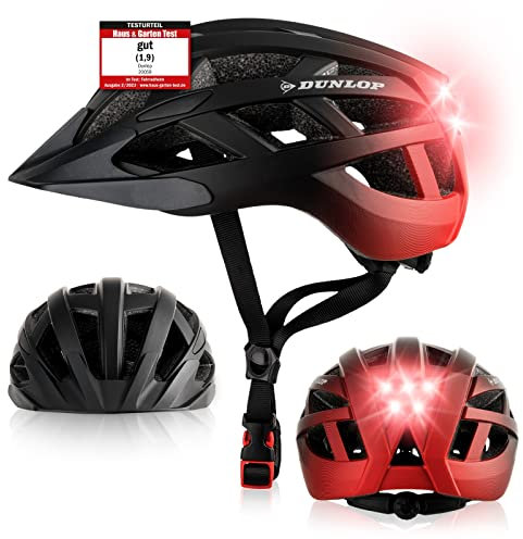 Dunlop Sports Fahrradhelm mit Licht - Sofort gesehen Werden - Ultraleichter Spezial Damen Herren Kinder Fahrrad Helm Visier und Rücklicht für hohe Sicherheit - Urban (Schwarz/Rot, L (58-62 cm))